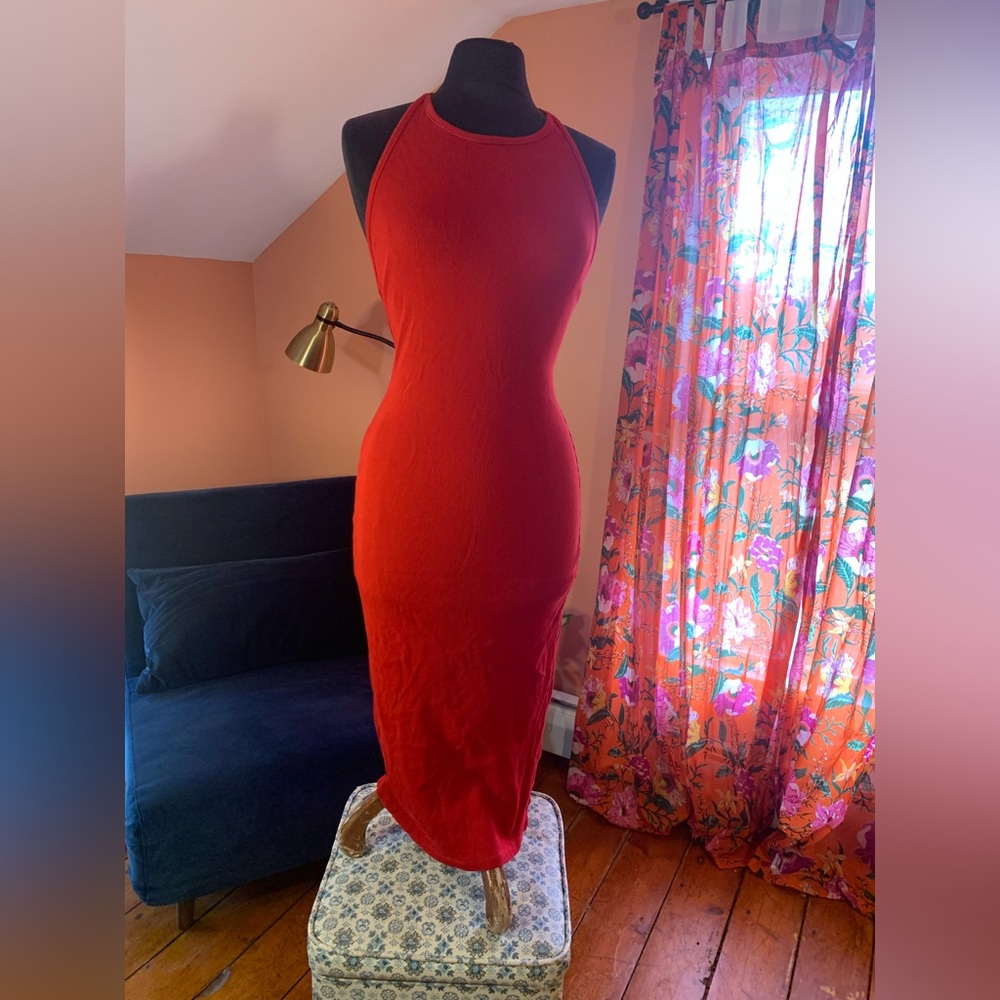 Ribbed Cotton Backless Red  Midi Dress